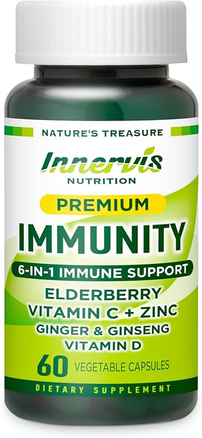 Premium Immunity 6-in-1 Support – Vitamin C 500mg, Vitamin D3 2500IU, Zinc, Elderberry, Ginger, Korean Ginseng – Immune Booster for Adults, Vegan Capsules, 1 Month Supply