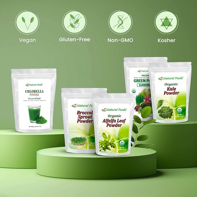 Z Natural Foods Organic Greens Superfood Powder - Barley Grass, Wheatgrass, Spirulina, Spinach, Broccoli, Alfalfa Leaf, Beet Root, Tomato, Dulse & Moringa - Raw Vegan Gluten Free - 5lbs