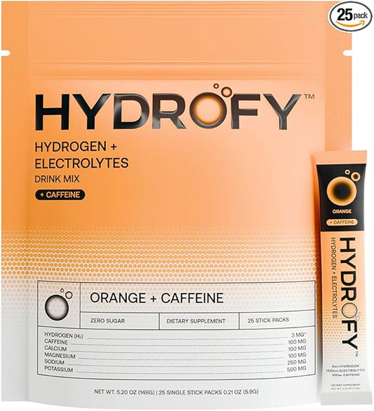 Hydrogen Water + Electrolytes Drink Mix | H2 Hydration Packets with Molecular Hydrogen, Sodium, Potassium, Magnesium, Calcium, and Minerals | No Sugar | Orange + Caffeine 25 ct