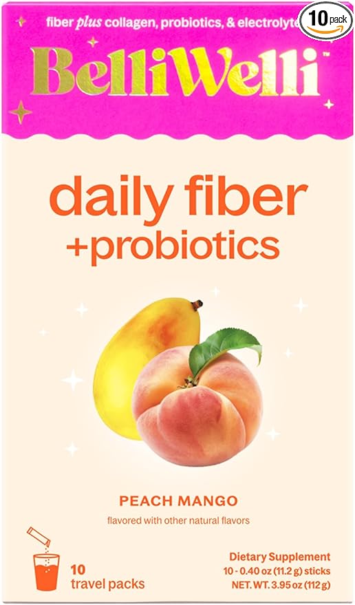 Fiber Supplement, Probiotics Fiber Powder Travel Pack for Women with Collagen & Electrolytes for Daily Gut Health & Debloating, Peach Mango, 10 Packets