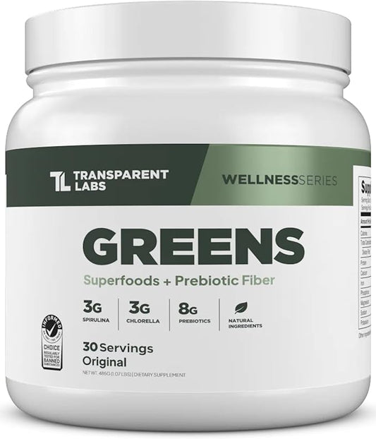 Transparent Labs Prebiotic Greens - Superfood Powder & Antioxidants Supplement with Organic Spirulina, Chloerra, Acacia, & Green Banana Powder - 30 Servings, Unflavored