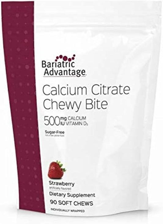 Bariatric Advantage Calcium Citrate Chewy Bites 500 mg - Highly Absorbable & Digestible - Vitamin D3 - Easily Chewable Calcium Supplement - Strawberry Flavor - 90 Count