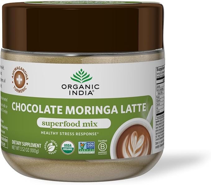 Organic India Chocolate Moringa Latte Powder - Superfood Mix, Moringa Leaf Tea, with Ashwagandha and Turmeric, Dietary Supplement, Stress Support, Rich Cocoa, Caffeine Free - 3.52 Oz