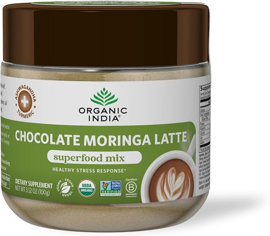 Organic India Chocolate Moringa Latte Powder - Superfood Mix, Moringa Leaf Tea, with Ashwagandha and Turmeric, Dietary Supplement, Stress Support, Rich Cocoa, Caffeine Free - 3.52 Oz