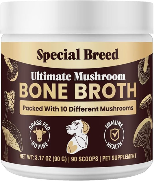 Beef Bone Broth for Dogs - Dog Bone Broth Powder with Ten Organic Mushrooms - High Protein + Ten Mushroom Supplement for Joint Flexibility, Immune Support, Cognition, Vitality, Hydration - 90 Scoops