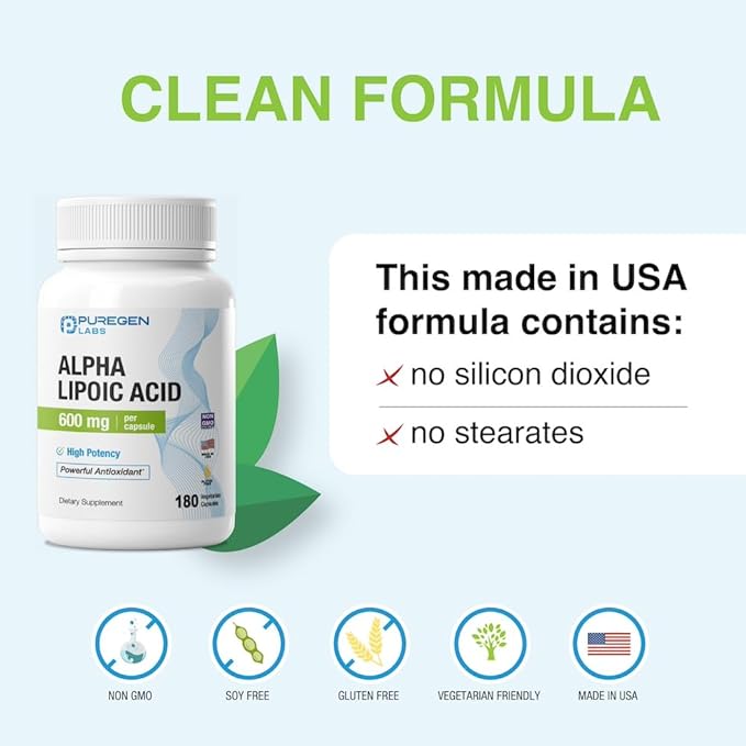 Puregen Labs Alpha Lipoic Acid 600mg [High Potency] 180 Servings - Antioxidant Support | No Harmful Additives | Non-GMO, NO Gluten and Dairy, 600 mg per Veggie Capsule - Made in USA