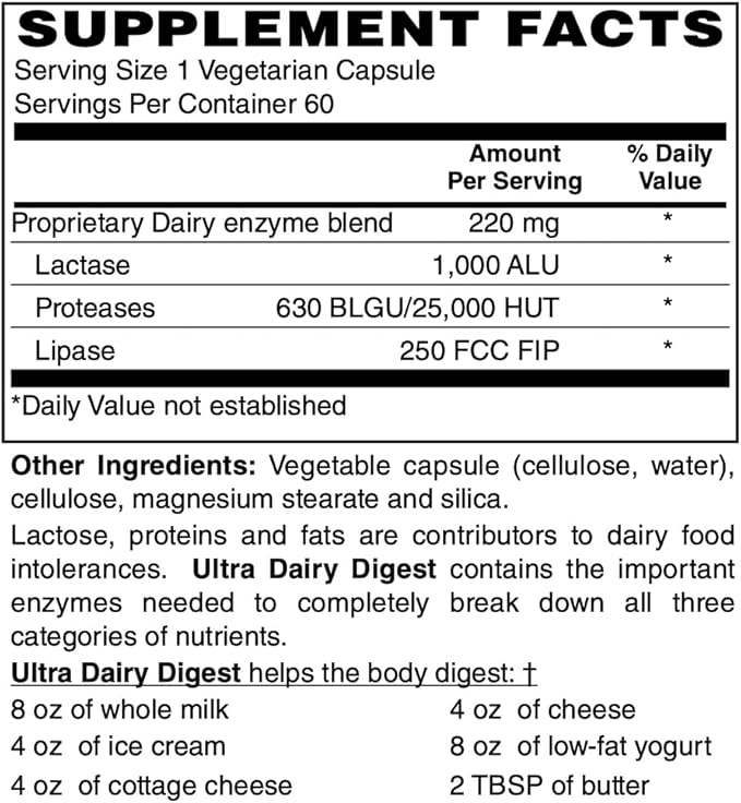 Ultra Dairy Digest- Helps Digestion of Lactose containing Products, Milk PROTEINS & Milk FATS † (for Milk/Dairy Intolerance) 3-in-1 Formula