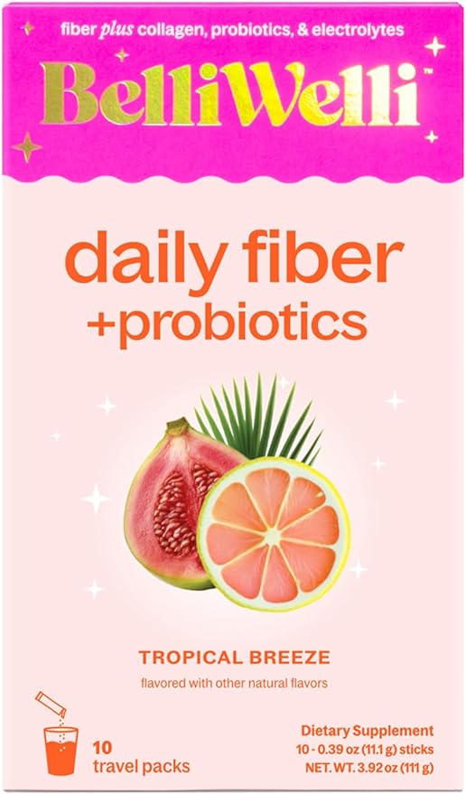 Fiber Supplement, Probiotics Fiber Powder Travel Pack for Women with Collagen & Electrolytes for Daily Gut Health & Debloating, Tropical Breeze, 10 Packets