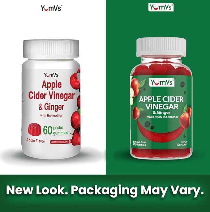 YUM-V'S Apple Cider Vinegar Gummies – ACV Gummies with Ginger & The Mother – Supports Metabolism, Vitality & Daily Wellness – Natural Apple Flavor Vegan, Non-GMO, Gluten-Free, Cider Gummy – 60 Count