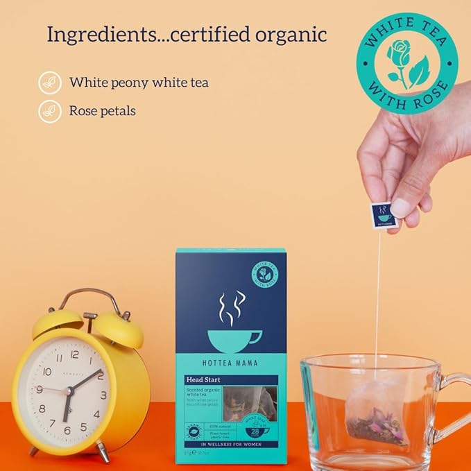 HOTTEA MAMA | Head Start | Organic White Tea & Rose Herbal Blend | Slow Release Caffeine L-Theanine | For Alertness & Brain Fog | 14 Whole Leaf Biodegradable Tea Bags (28 Cups)