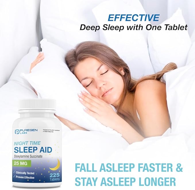 Puregen Labs Doxylamine Succinate 25mg | Nighttime Sleep Aid | Safe & Effective | Non-Habit Forming Sleep Aid | Made in USA | 225 Tablets