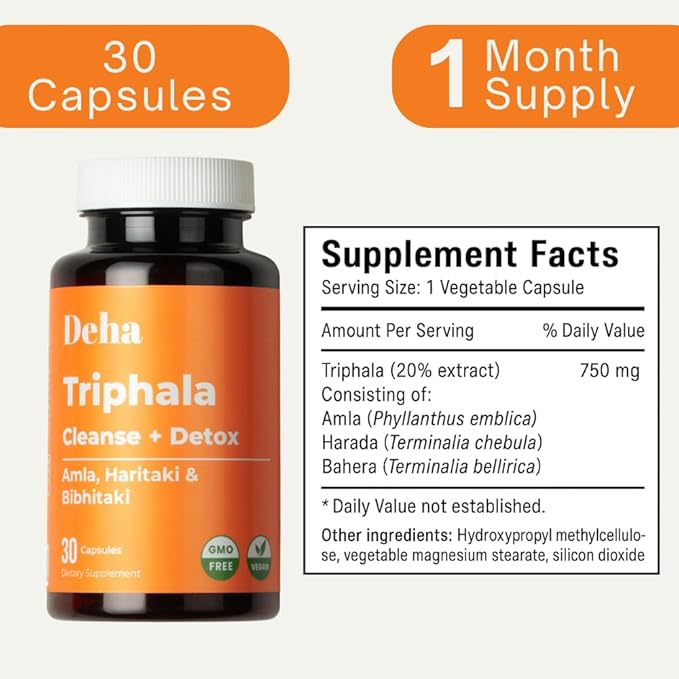 Triphala Capsules Immune Support & Digestive Health with Amla, Haritaki & Bibhitaki – Gut Cleanse, Detox, Bloating Relief – GMP Certified, Non-GMO, Vegan – 30 Count