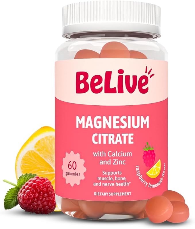 BeLive Magnesium Citrate Gummies with Calcium and Zinc for Adults and Kids - High Absorption Magnesium Supplement for Cognitive, Bone, Muscle and Nerve Health - Raspberry Lemonade - 120 Count