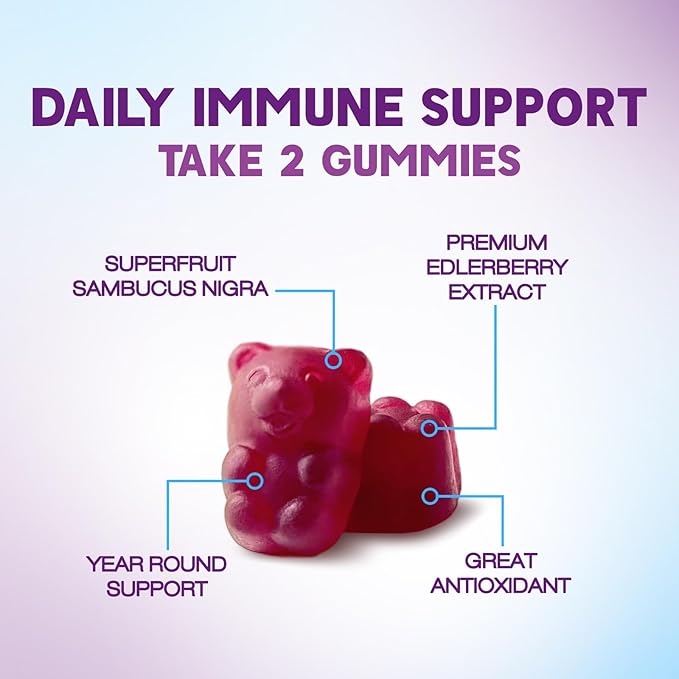 Elderberry Immune Support Gummies - Super Concentrated 35:1 Extract, Equivalent to 4200mg of Elderberries - Sambucus Black Elder Berry Vitamin Supplement, Daily Support for Kids & Adults - 60 Gummies