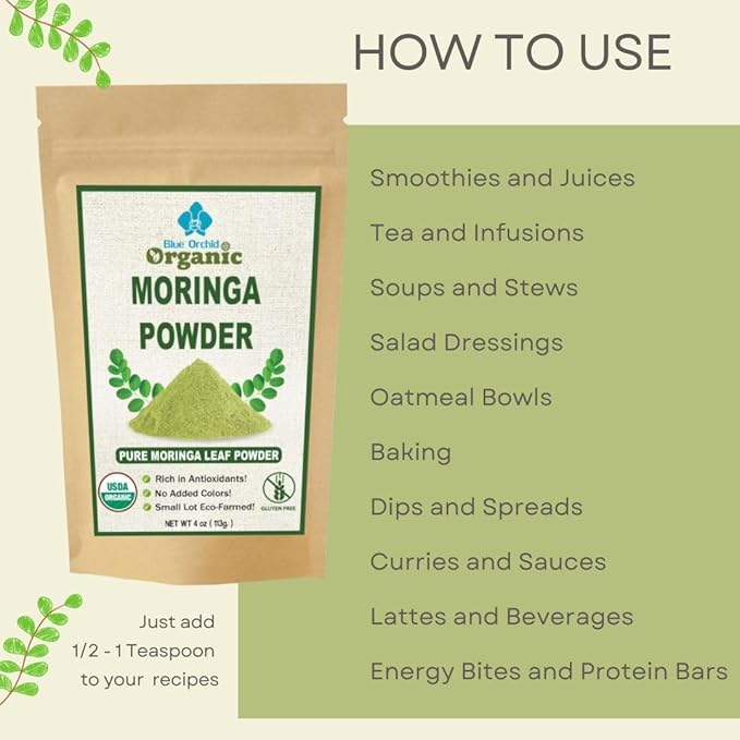 Organic Moringa Powder - Raw Sun Dried Oleifera Leaf Powder - for Healthy Herbal Tea, Smoothies, Sauces, and Dips (16 OZ)