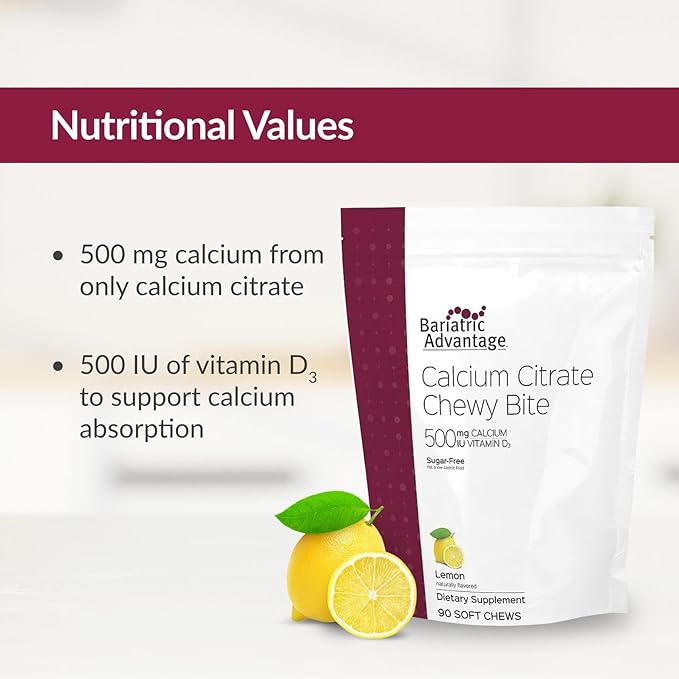 Bariatric Advantage Calcium Citrate Chewy Bites 500 mg - Highly Absorbable & Digestible - Vitamin D3 - Easily Chewable Calcium Supplement - Lemon Flavor - 90 Count