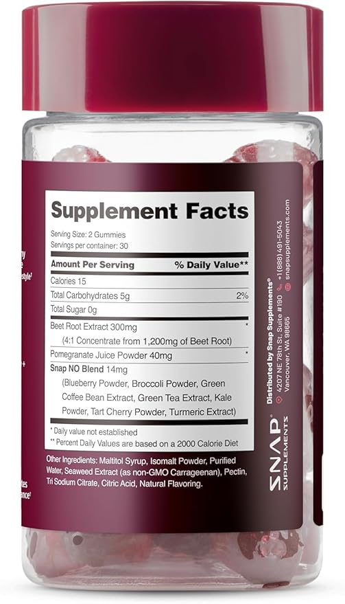 Snap Supplements Heart Beets Organic Beet Root Gummies, Cardiovascular Support Supplement for Men & Women, Pomegranate, Red Spinach, Heart Health & Circulation Support, Sugar Free, Cherry, 60 Gummies