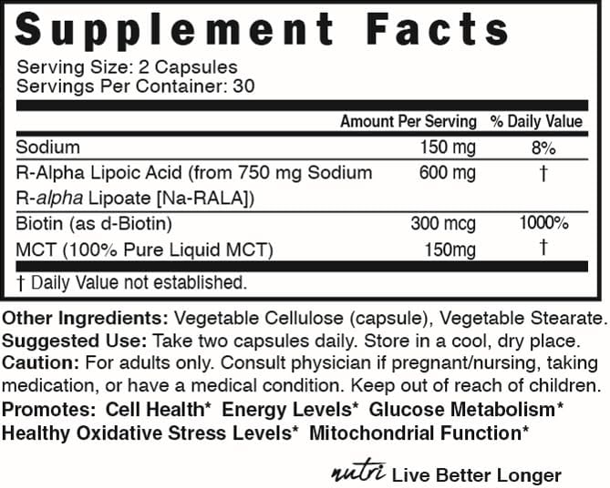 Nutri R Alpha Lipoic Acid 600mg Capsules - R Lipoic Acid Stabilized with Biotin - Active Form of R-ALA - 600 mg Clinical Dosage - Powerful Cellular Energy Support - 60 Vegan Capsules - RALA