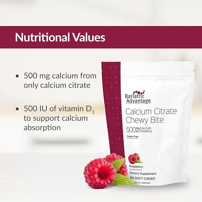 Bariatric Advantage Calcium Citrate Chewy Bites 500 mg - Highly Absorbable & Digestible - Vitamin D3 - Easily Chewable Calcium Supplement - Raspberry Flavor - 90 Count