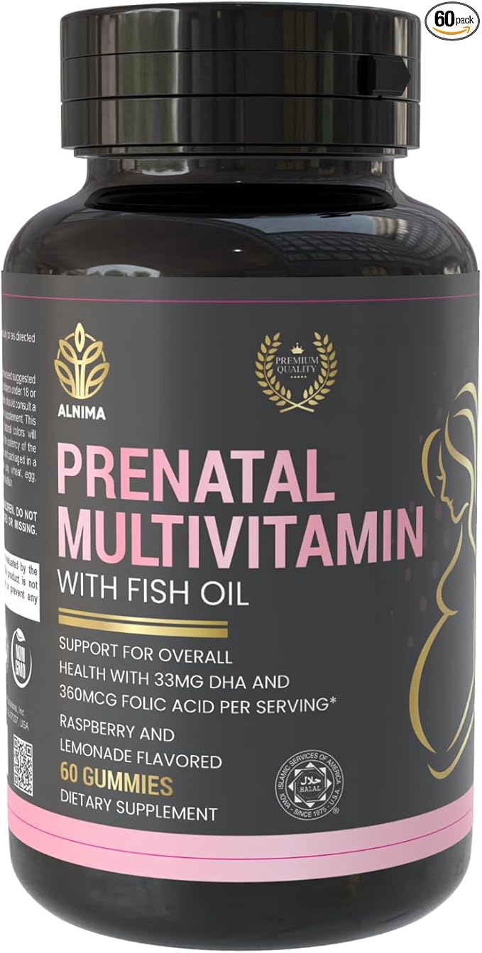 Prenatal Multivitamin with DHA & EPA – Omega-3 Fish Oil Gummies for Pregnancy – Halal Certified – Raspberry & Lemon Flavor – 60 Count – Made in USA