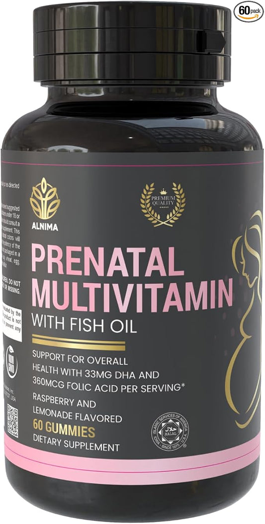 Prenatal Multivitamin with DHA & EPA – Omega-3 Fish Oil Gummies for Pregnancy – Halal Certified – Raspberry & Lemon Flavor – 60 Count – Made in USA