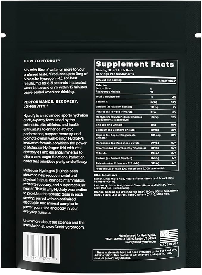 Hydrogen Water + Electrolytes Drink Mix - Variety Pack | H2 Hydration Packets with Molecular Hydrogen, Sodium, Potassium, Magnesium | Lemon Lime, Raspberry, Orange + Caffeine | 12 Count