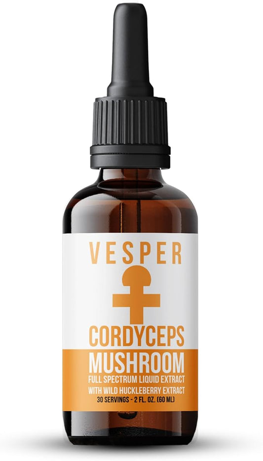 Vesper Cordyceps Mushroom Liquid Extract - Double Extraction with Wild Huckleberries for Energy, Endurance, Circulation Support, USA-Grown, for Natural Stamina & Vitality – 2oz