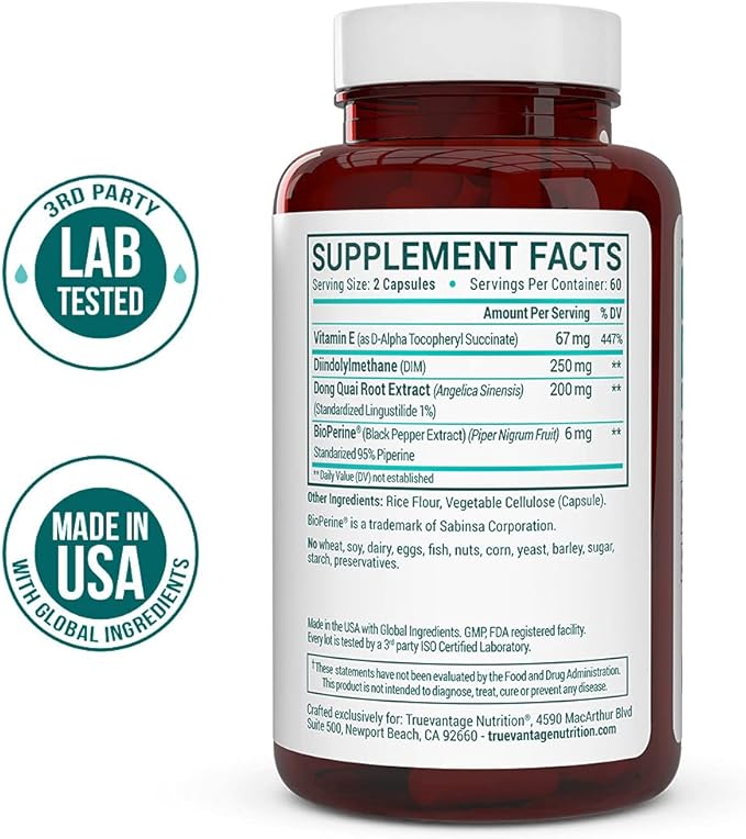 DIM Supplement 250mg (Diindolylmethane)-Plus Dong Quai, Natural Vitamin E & BioPerine - Supports Menopause Relief & Hormonal Acne -Hormone Balance Support for Women and Men-Veggie Caps