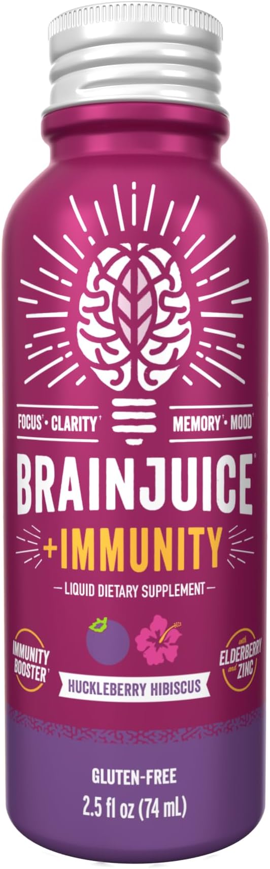BrainJuice Brain and Immune Support Shot, Gluten Free Supplement Shots for Energy, Focus, Immunity with Vitamin D, C, B, Alpha GPC & Organic Ginger Root, Huckleberry Hibiscus, 2.5 fl oz, 12 Pack