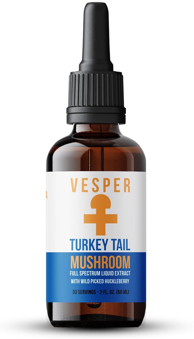 Vesper Turkey Tail Mushroom Liquid Extract - Double Extraction with Wild Huckleberries for Gut Health, Immune Boost, Prebiotic Benefits, USA-Grown, for Digestive & Immune Wellness – 2oz