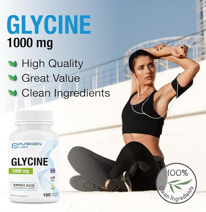 Puregen Labs Glycine 1000mg [High Potency] 100 Vegetarian Capsules, Promotes Healthy Sleep | No Harmful Additives | Non-GMO, NO Gluten and Dairy | Made in USA
