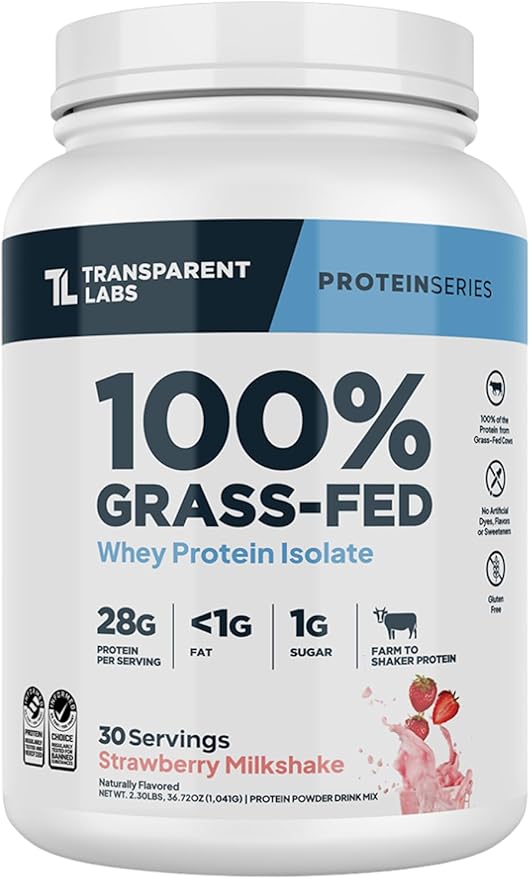 Transparent Labs Grass-Fed Whey Protein Isolate - Natural Flavor, Gluten Free Whey Protein Powder w/ 28g of Protein per Serving & 9 Essential Amino Acids - 30 Servings, Strawberry Milkshake