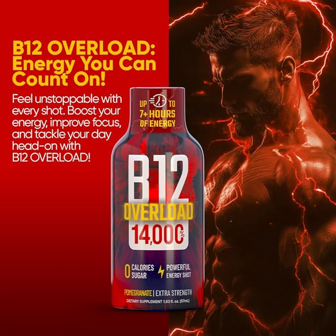 B12 Overload Extra Strength Energy Shot – Pomegranate – 260mg Caffeine, 14000% B12, Electrolytes – Energy & Vitality Support – Zero Sugar No Calories – Vegan, Kosher, Gluten-Free – 1.93 fl oz, 10-Pack