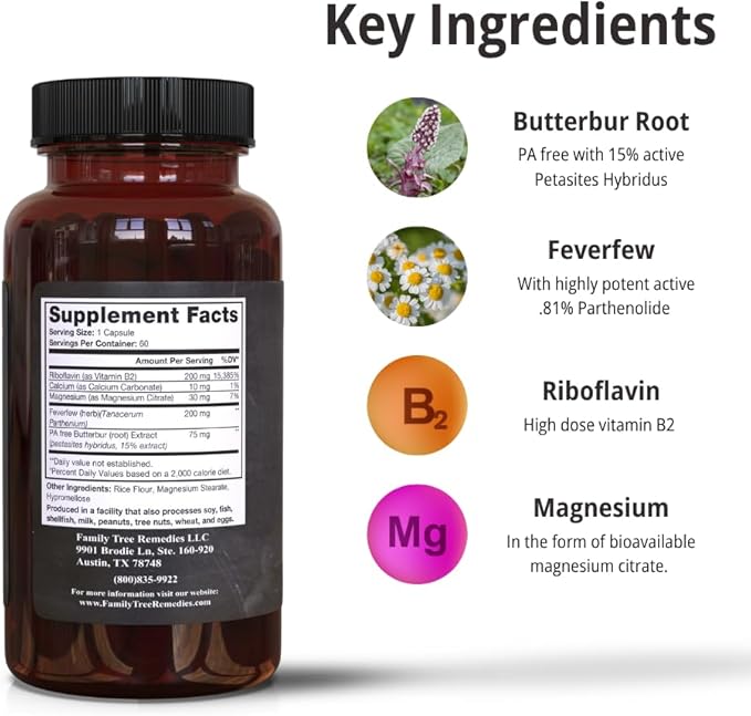 Preventa Migraine Relief Supplement – PA-Free Butterbur, Magnesium, Riboflavin, Feverfew – Daily Headache Prevention – 60 Capsules