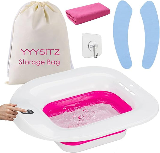 Electric Sitz Bath, Sitz Bath for Hemorrhoids, Sitz Bath for Postpartum Care, Toilet Seat Basin for Women, Yoni Hip Bath Pan, Sits Bath Soak Salts Bowl, Vaginal Wash Tub, Foldable, Pink