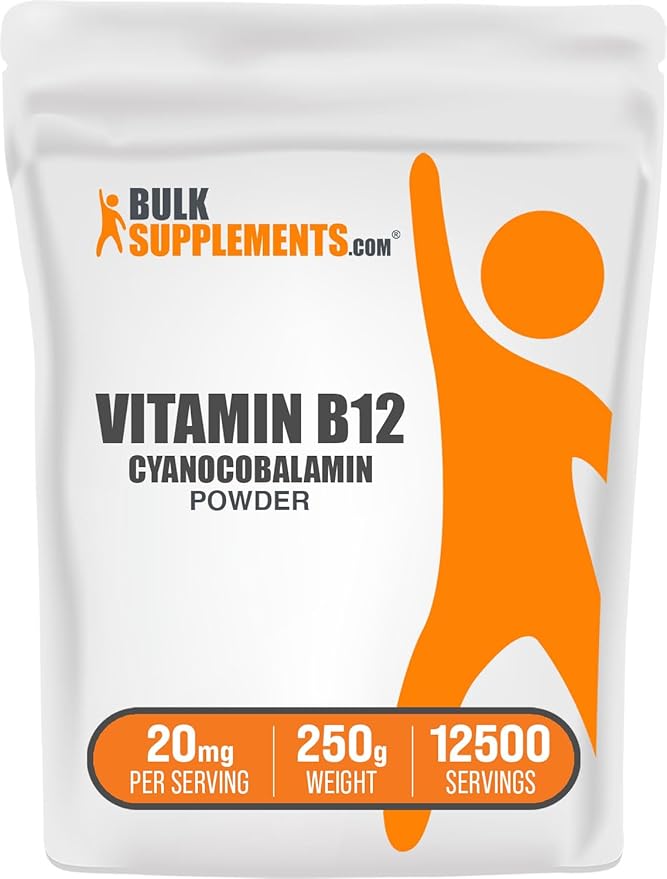 BulkSupplements.com Vitamin B12 Powder - as Cyanocobalamin, Vitamin B Supplement, Essential Vitamins- Gluten Free, 20mg per Serving, 250g (8.8 oz) (Pack of 1)