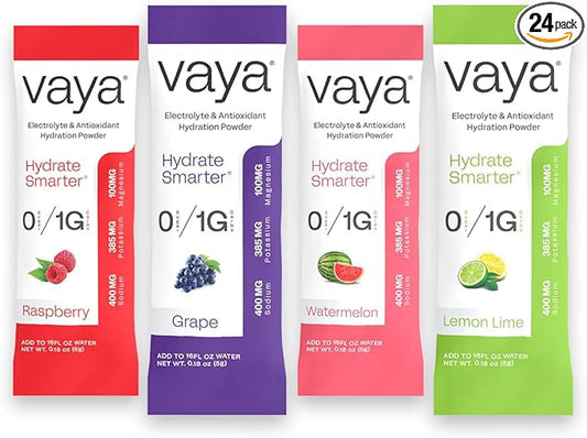Vaya Sugar Free Electrolyte Powder – 24 Stick Pack Variety – 1,500mg Electrolytes + Vitamin C & Zinc – Keto Hydration Drink Mix – Raspberry, Grape, Lemon Lime, Watermelon