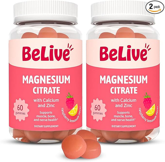 BeLive Magnesium Citrate Gummies with Calcium and Zinc for Adults and Kids - High Absorption Magnesium Supplement for Cognitive, Bone, Muscle and Nerve Health - Raspberry Lemonade - 120 Count