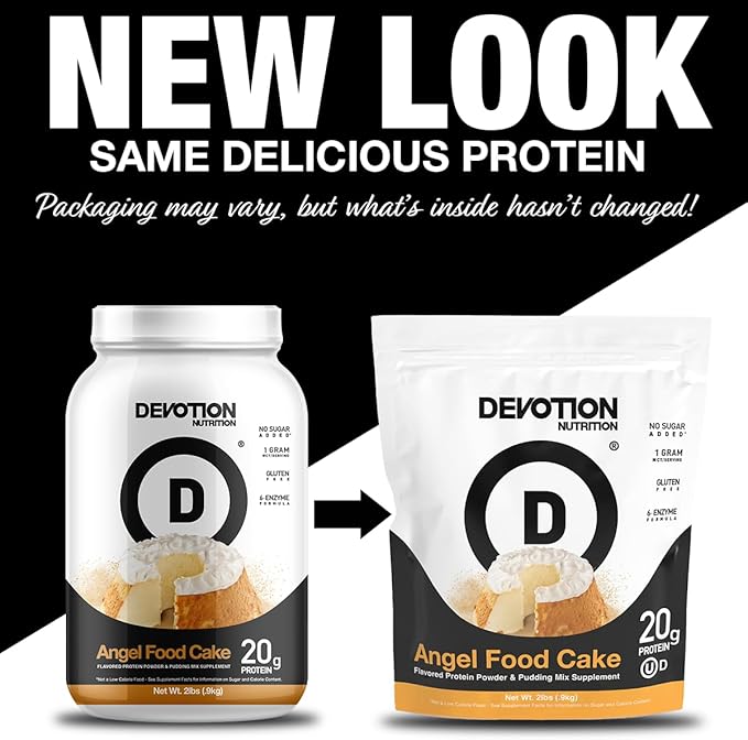 Devotion Nutrition Protein Powder Angel Food Cake – 20g Whey Isolate & Casein Protein Blend – No Added Sugar, Low Carb, Gluten-Free, Keto-Friendly, 1g MCT, Kosher – 2lb Pouch