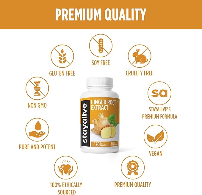 STAY ALIVE Pure Ginger Root Capsules 1000mg, 10:1 Extract Powder with 5% Gingerols, 120 Pills, Extra Strength Root Powder, Vegan, Non-GMO and Gluten-Free Ginger Supplement