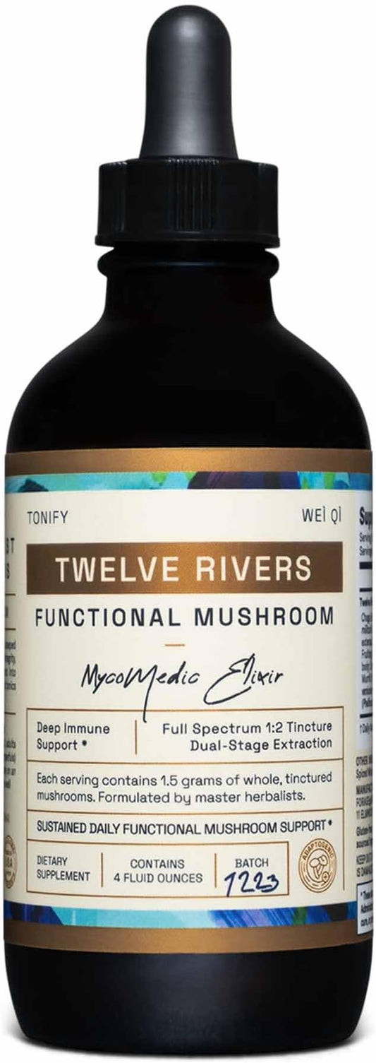 Twelve Rivers Functional Mushroom MycoMedic Elixir Tincture – 1:2 True Dual-Stage Extraction – Spiced Winter Chai – 4 Fluid Ounce Bottle