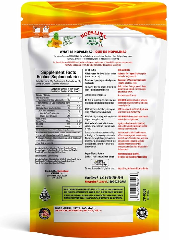 Nopalina Fiber Formula | Pineapple | 1 Lb Bag | 30 Servings | Flax Seed, Psyllium, Oat and Wheat Bran, Omega 3, 6 & 9 | Can Help with Regularity & More | The Original