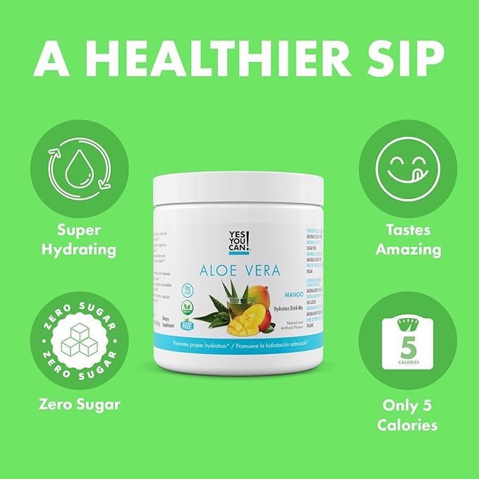 Yes You Can! Organic Aloe Vera Powder Drink Mix - Hydration Booster Infused with Pure Aloe Juice - Delicious Flavors - Made in USA - Antioxidant Rich - Mango Flavor - 40 Servings Per Canister (2 Pack)