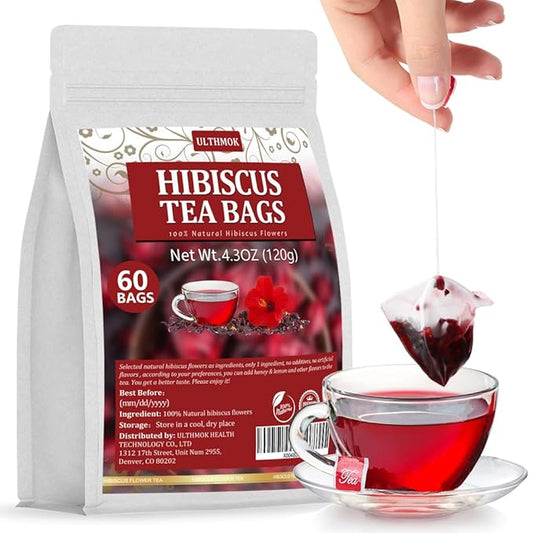 Premium Hibiscus Tea Bags,60 Tea Bags 2g /4.24 Oz,100% Pure Dried Hibiscus Flower,Natural & No Additives,Caffeine Free.