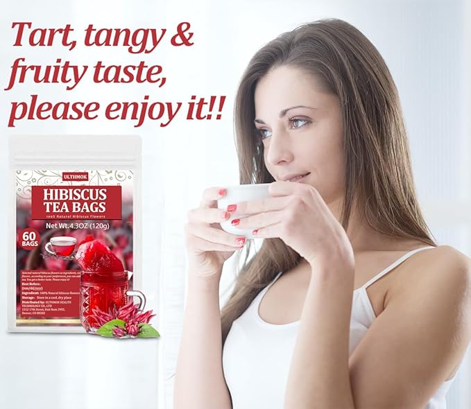 Premium Hibiscus Tea Bags,60 Tea Bags 2g /4.24 Oz,100% Pure Dried Hibiscus Flower,Natural & No Additives,Caffeine Free.