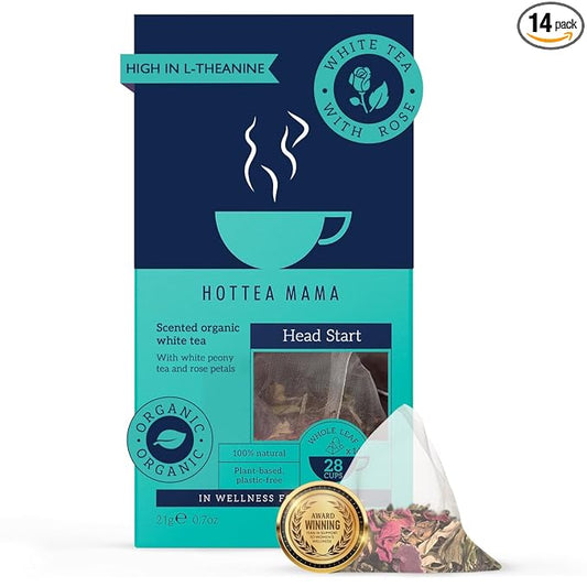 HOTTEA MAMA | Head Start | Organic White Tea & Rose Herbal Blend | Slow Release Caffeine L-Theanine | For Alertness & Brain Fog | 14 Whole Leaf Biodegradable Tea Bags (28 Cups)