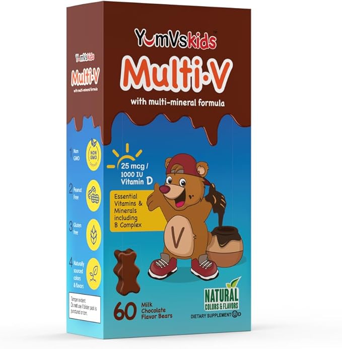 YUM-V'S - Kids Multivitamin Chewable Chocolate Bears - Multivitamin for Kids Supplement - 16 Vitamins & Minerals - Vitamins Including D, Zinc, C, B Complex & More, 60 Count Pack of 1