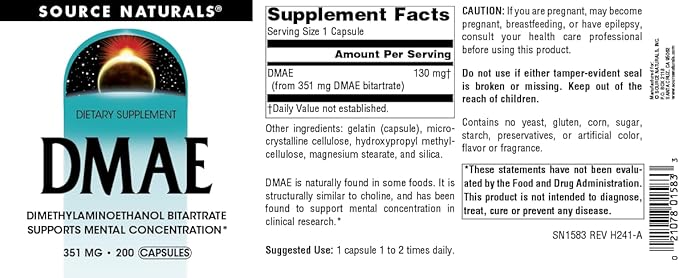 Source Naturals DMAE, Dimethylaminoethanol Bitartrate - Supports Mental Concentration - 200 Capsules