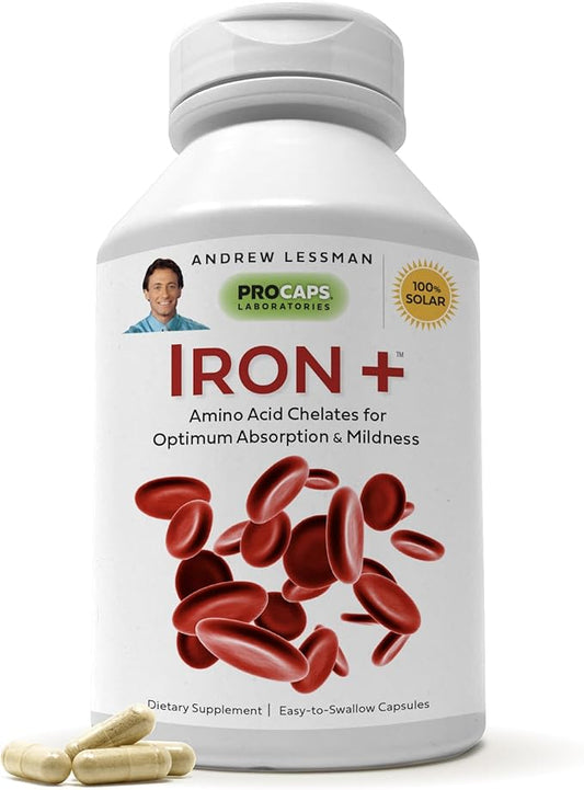 ANDREW LESSMAN Iron Plus 90 Capsules - 18mg Iron, 100% Pure Amino Acid Chelated Iron (Glycinate, Aspartate), Plus Vitamin C for Increased Absorption, Small, Easy to Swallow Capsules, No Additives