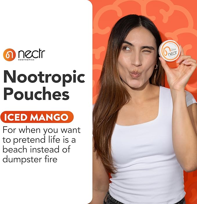 Nectr Energy Nootropic Pouches – Iced Mango Flavored, Caffeine Pouches with Cognizin® Citicoline. Sugar-Free Brain Treats. Smooth, Sustained Focus & Energy Supplement - 5 Pucks of 16pcs
